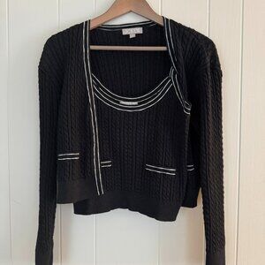 J.Crew SET Cardigan Sweater Black Cable Knit White Trim Pockets Cropped Size M